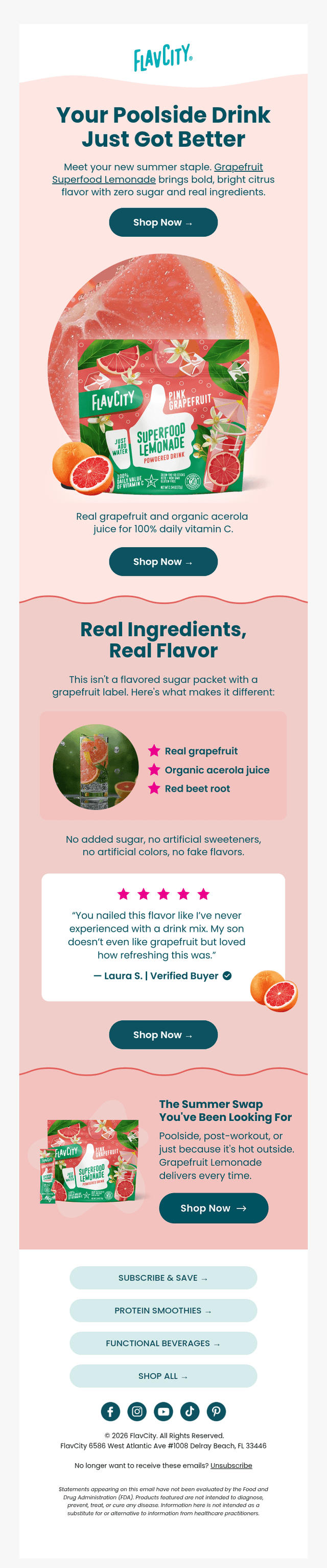 FlavCity “Your Poolside Drink Just Got Better” email, using a wave section divider three times