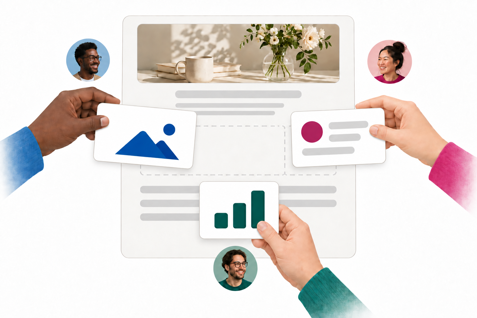 Email editor illustration showing collaborators, a locked content block, and a live cursor